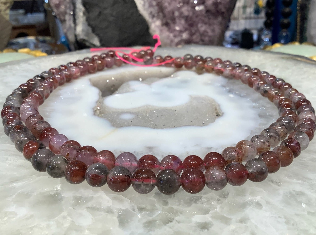 7mm Auralite with Red and Grey Inclusions Gemstone Beads - Natural