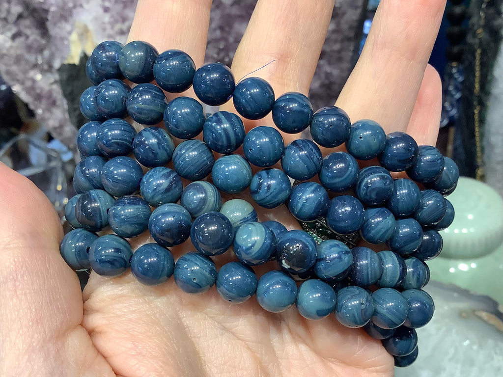 8mm Blue Sieber Agate Round Gemstone Bead Bracelet