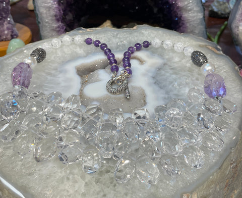 Exquisite Rock Crystal, Brazil Amethyst, Pearl and Marcasite Gemstone Necklace