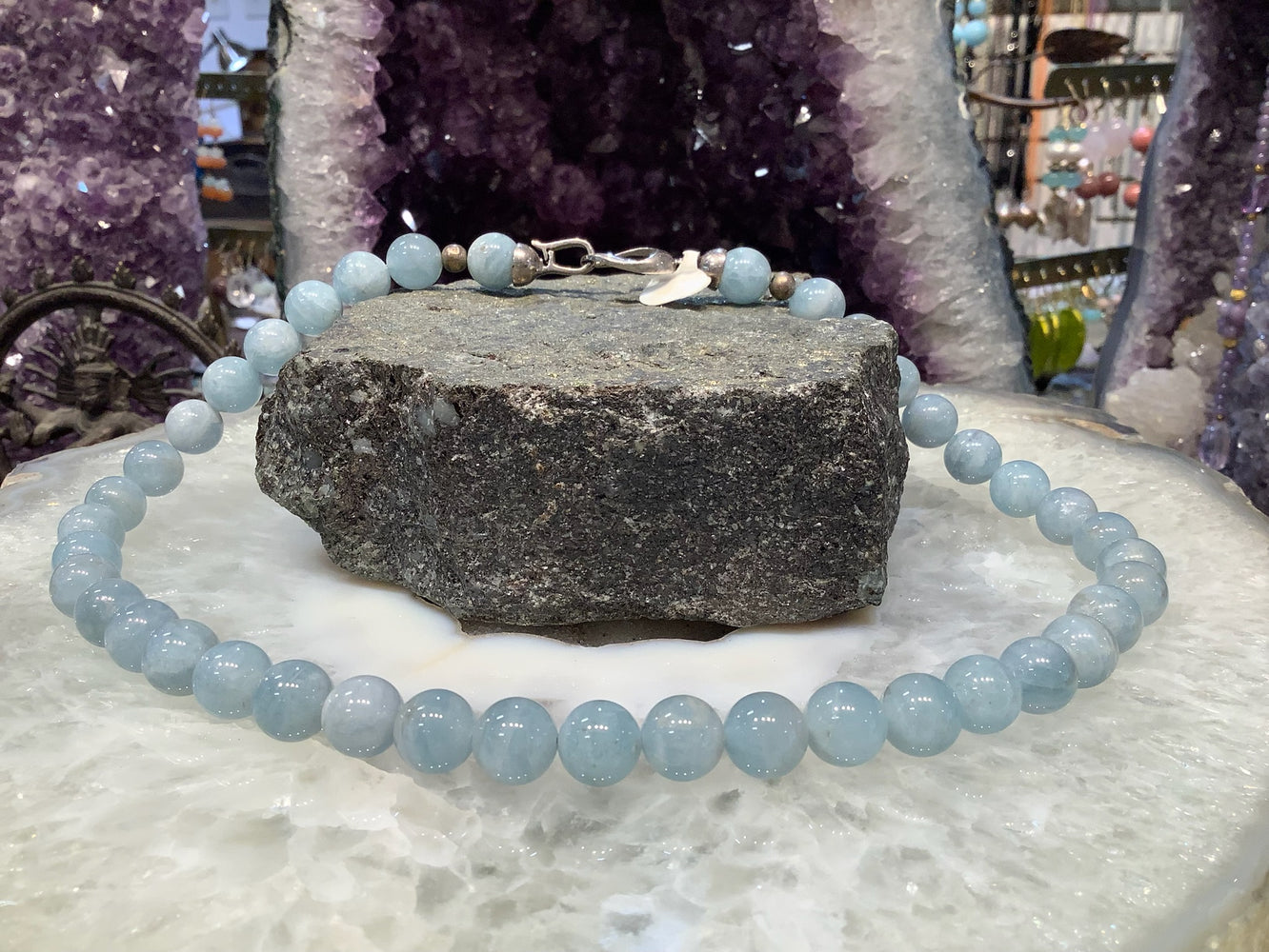 Stunning Natural Aquamarine Round Gemstone Beads Necklace  - 10mm