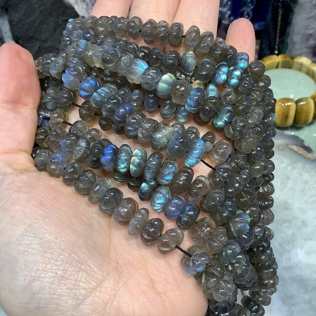 Beautiful Natural Blue Flash Labradorite Carved Melon Gemstone Beads
