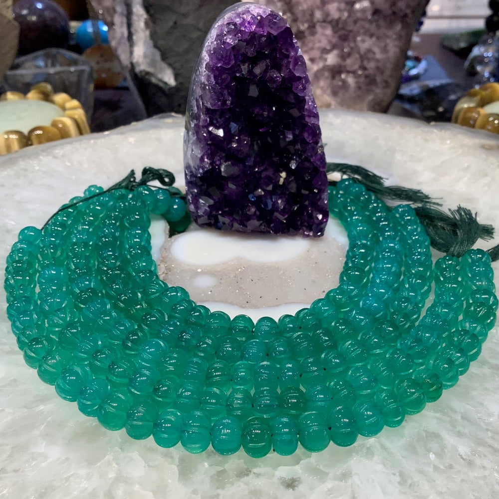 8mm Green Onyx Carved Melon Gemstone Beads