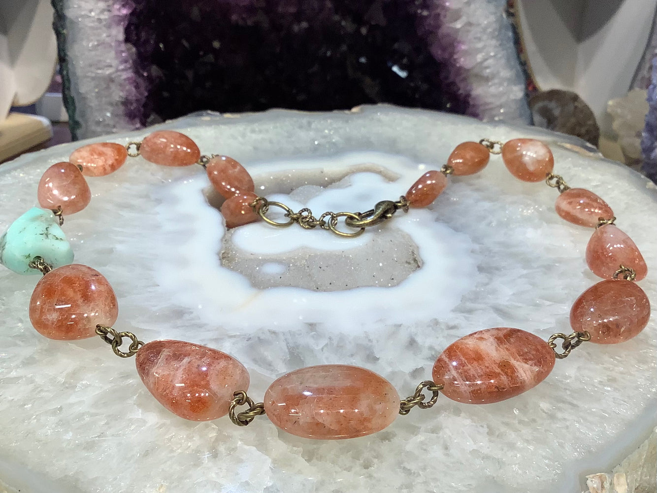 Sunstone & Peruvian opal brass linked gemstone necklace