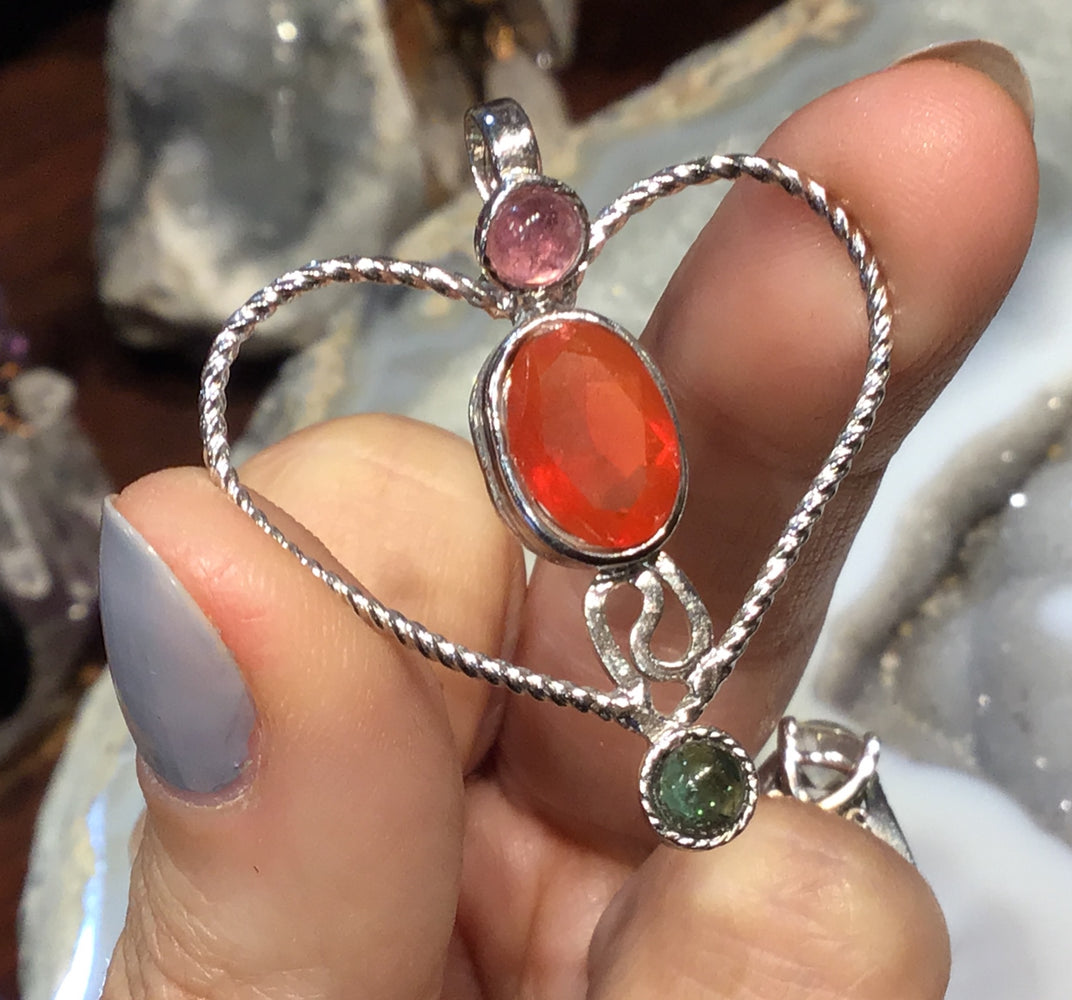 Pink tourmaline , green tourmaline & fire opal heart gemstone pendant