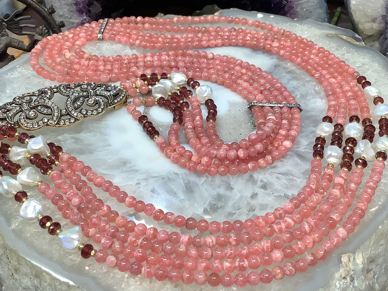 Stunning Rhodochrosite garnet & pearl multi strand gemstone necklace