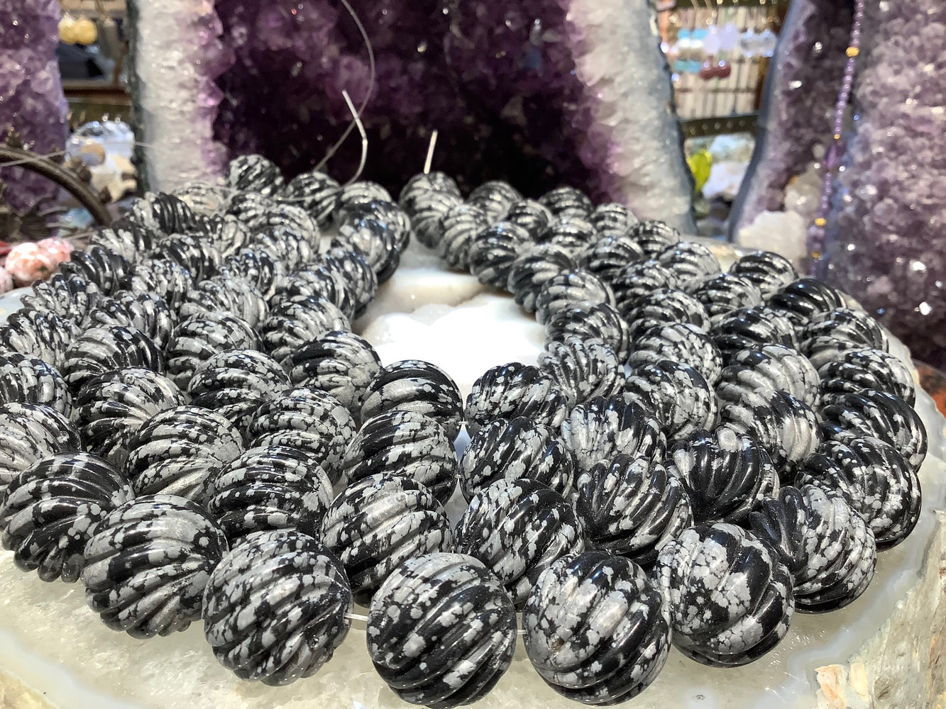 20mm Snowflake Obsidian Carved Melon Gemstone Beads