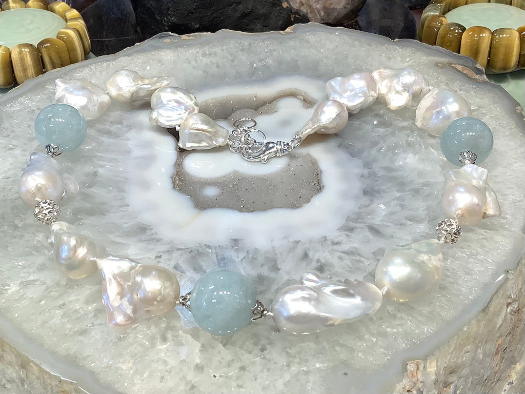 Large white Baroque pearl & aquamarine gemstone necklace