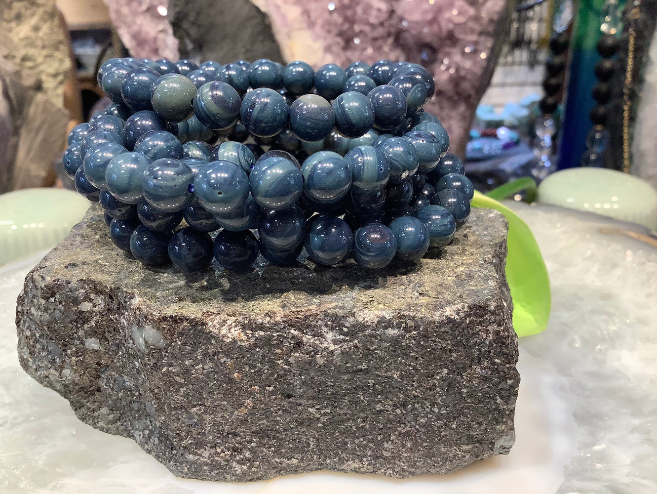 8mm Blue Sieber Agate Round Gemstone Bead Bracelet