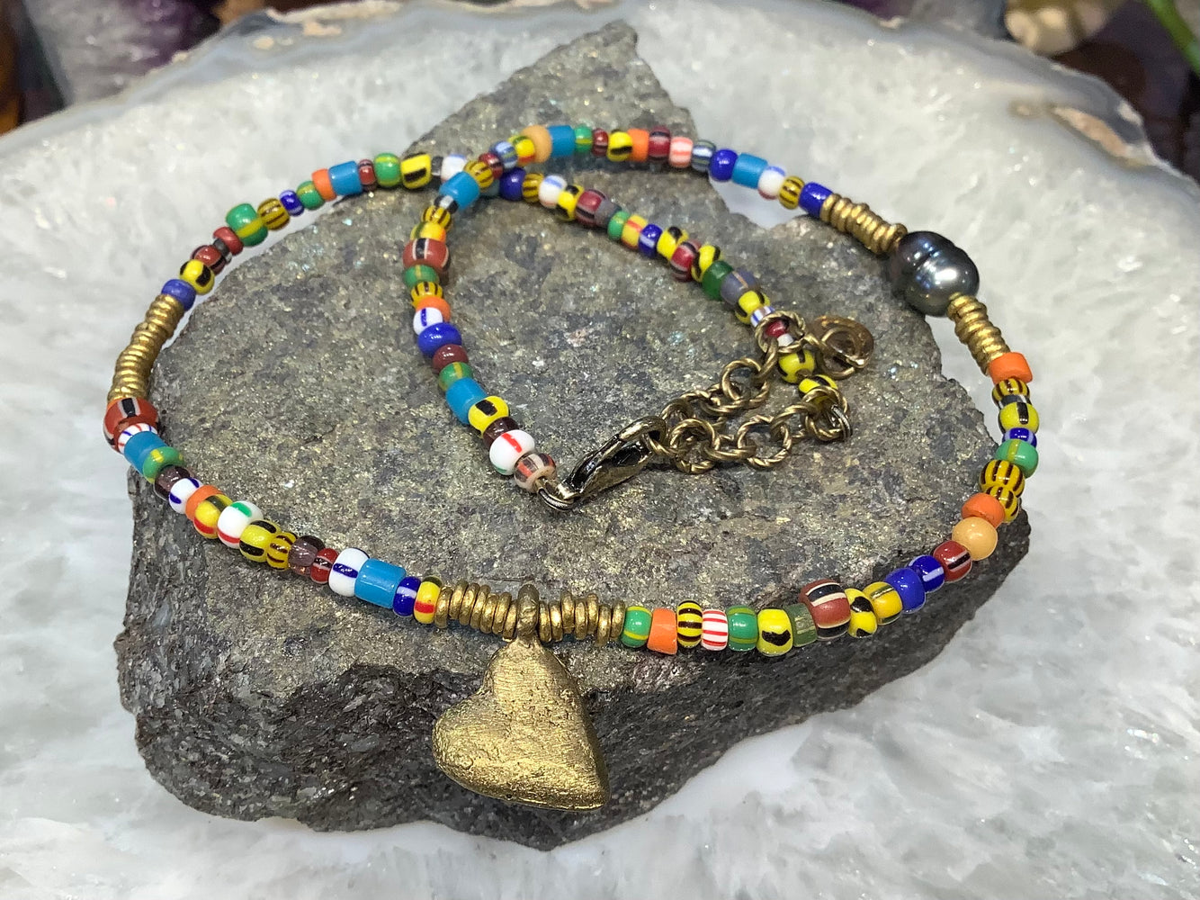 African tribal glass & Tahitian pearl necklace