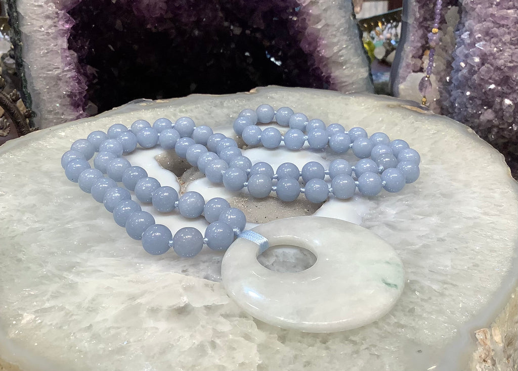 Blue angelite 10mm gemstone necklace with Natural Jade Pendant