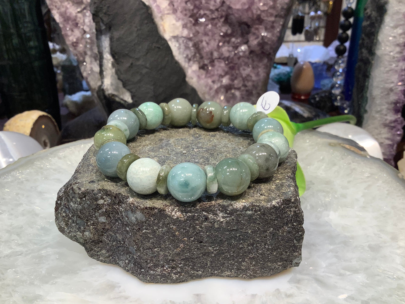 Natural green jadeite jade 14mm gemstone bracelet E