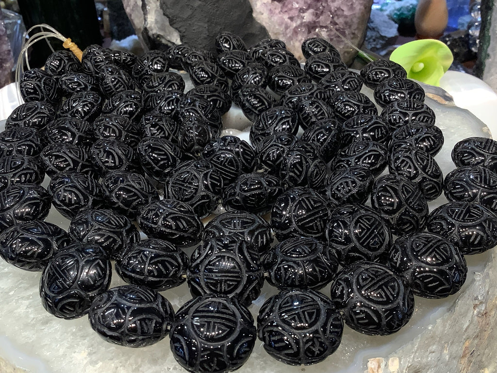 25mm Black Agate Carved Shou Beads
