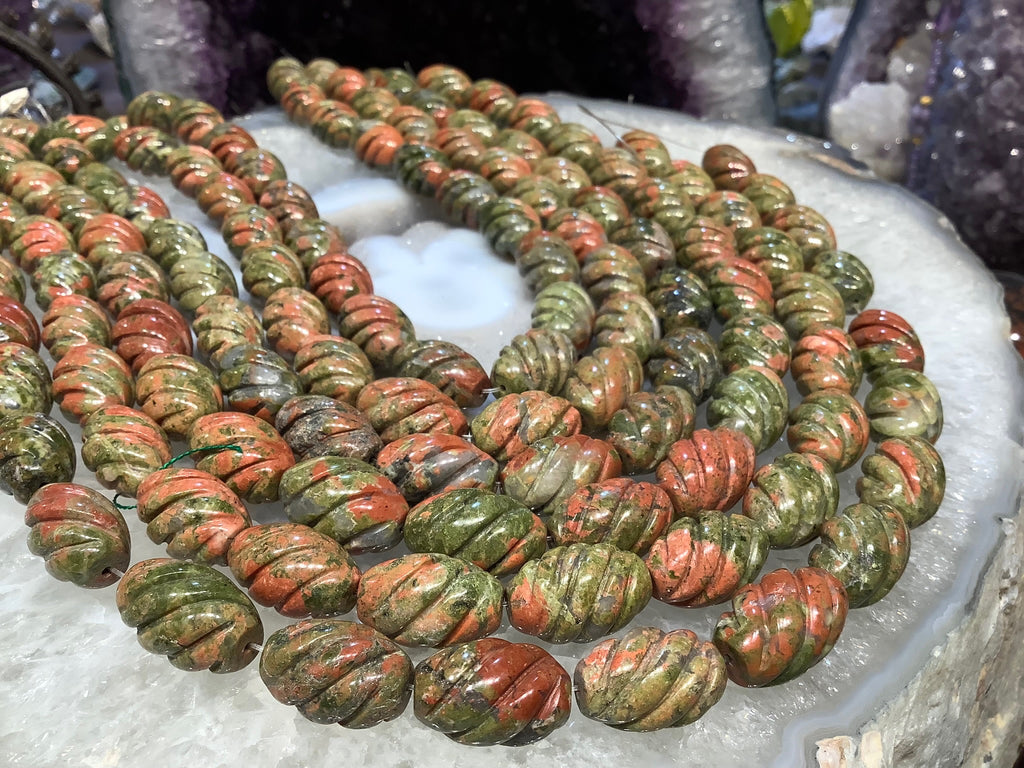 Natural Pink Green Unakite Carved Gemstone Beads 19x12mm