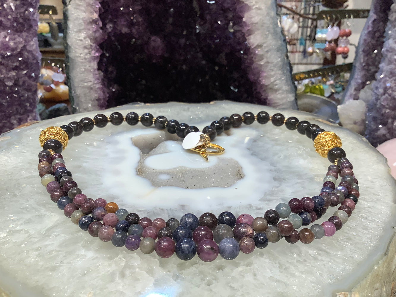 Natural Multicolor Sapphire Vermeil and Cats Eye Gemstone Necklace