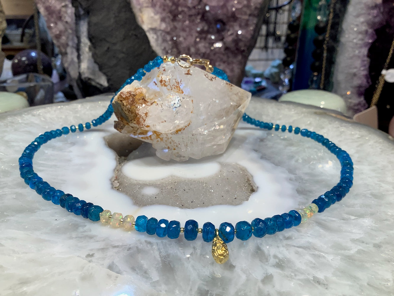 Stunning Gem Quality Ethiopian Opal and Aqua Blue Apatite Faceted Rondelle Gemstone Necklace