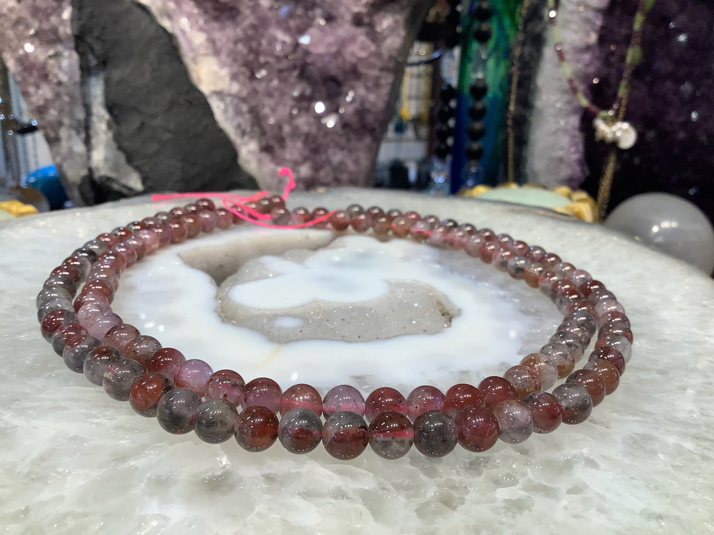 7mm Auralite with Red and Grey Inclusions Gemstone Beads - Natural