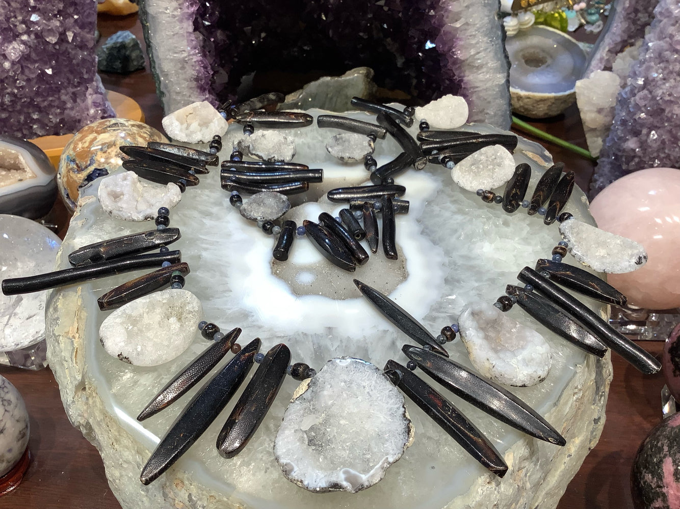Amazing Drusy Agate & Black Coral Gemstone Necklace
