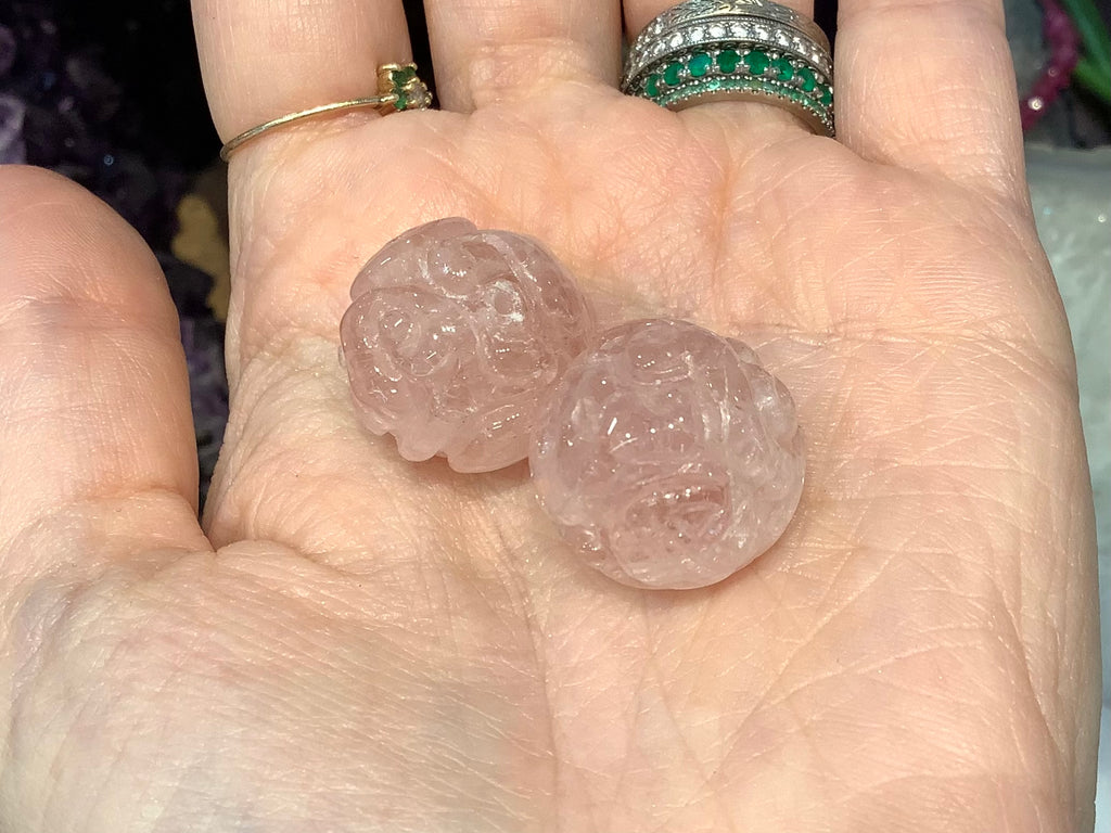 2 Morganite Carved 19mm dragonball gemstone beads