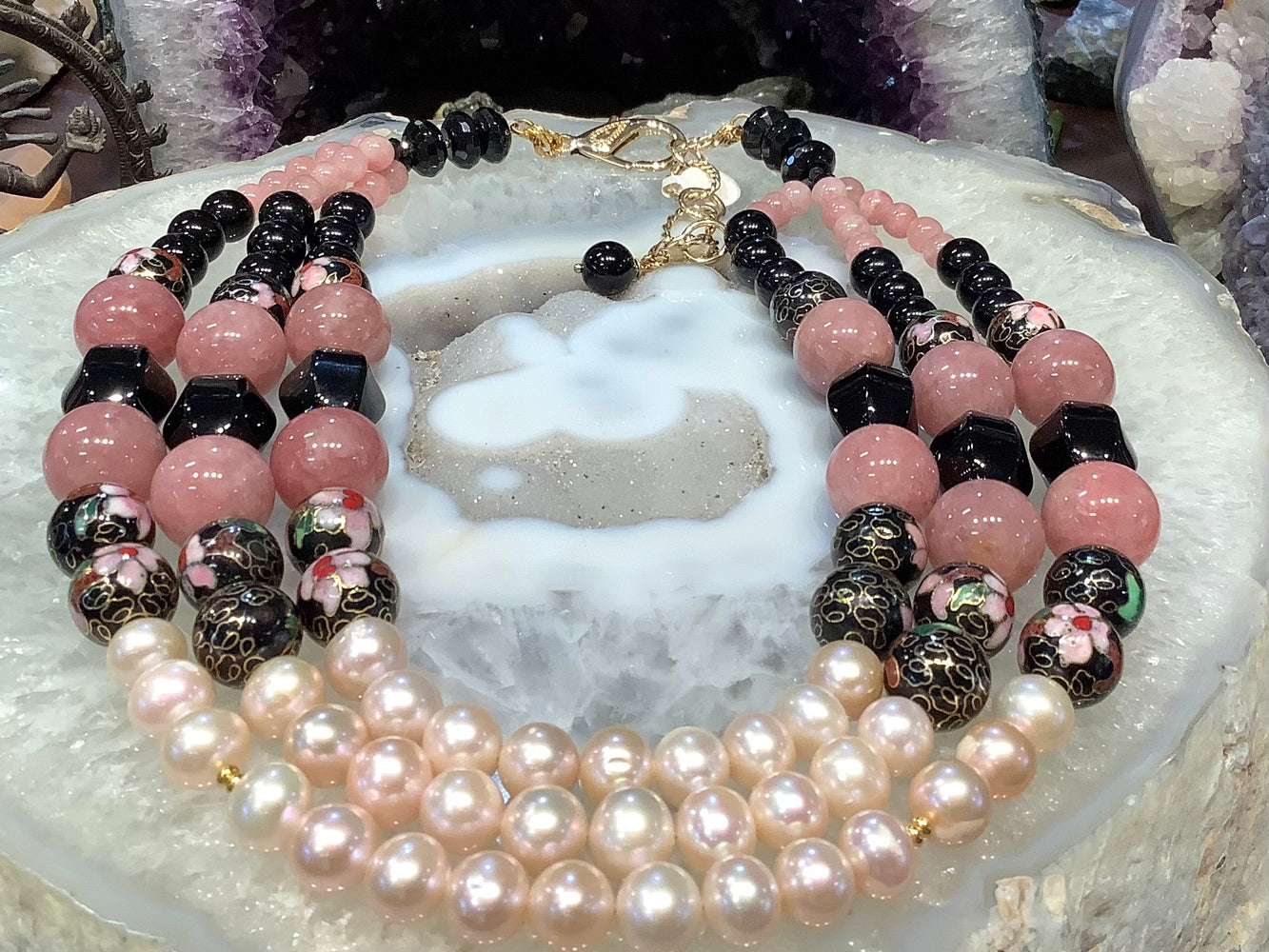 Beautiful Multi strand gemstone & pearl statement necklace