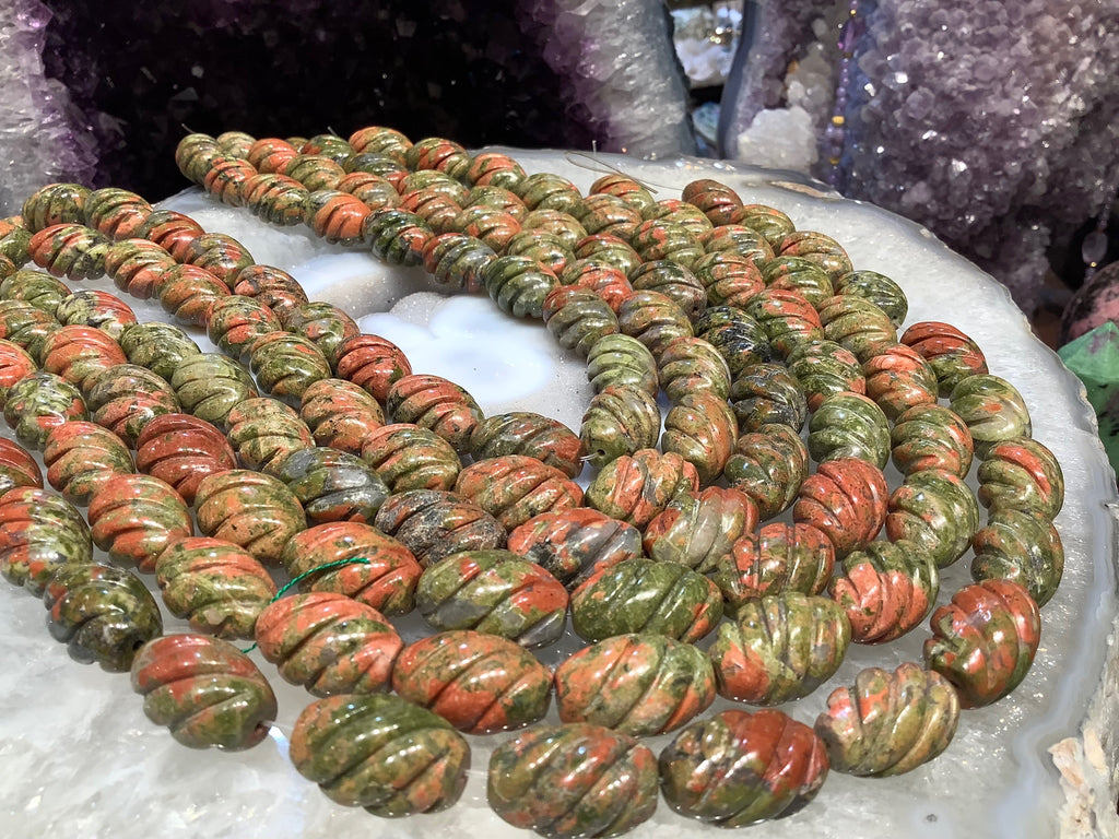 Natural Pink Green Unakite Carved Gemstone Beads 19x12mm