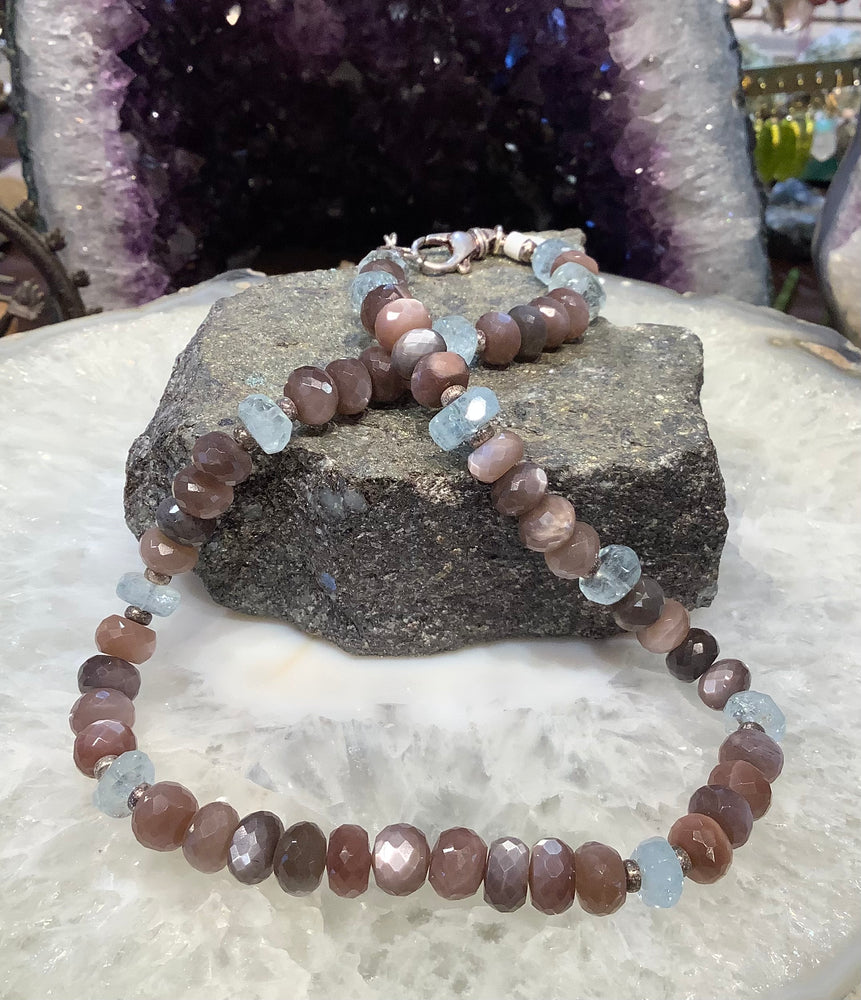 Faceted Brown Moonstone & Aquamarine Gemstone Necklace