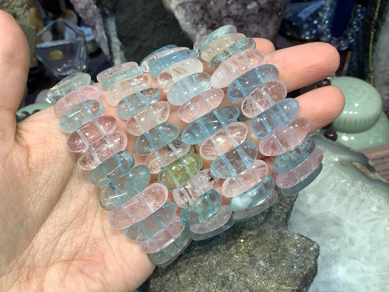 Large Natural Aquamarine Morganite Beryl cuff gemstone bracelet