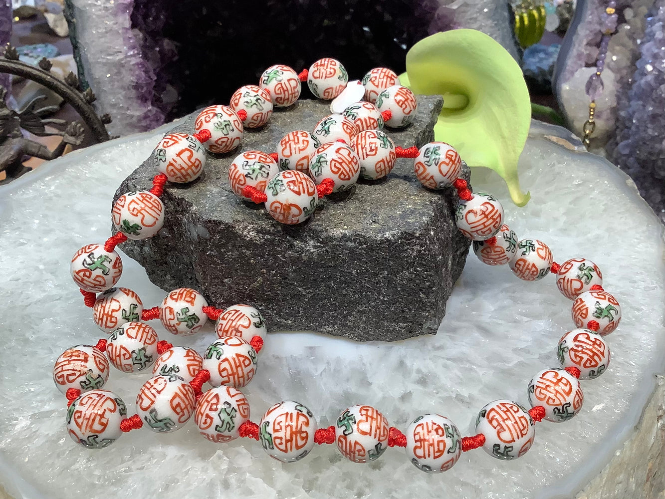 Vintage Chinese enamel knotted bead necklace