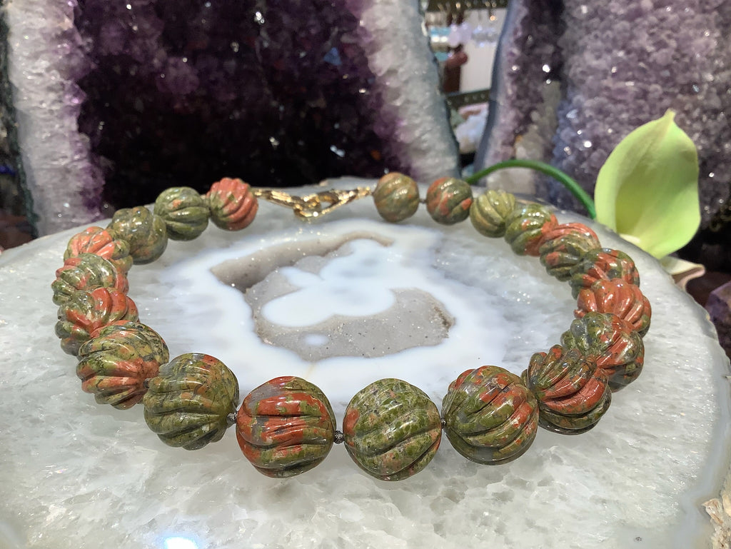 Large Hand Knotted Unakite Carved Gemstone Bead Necklace