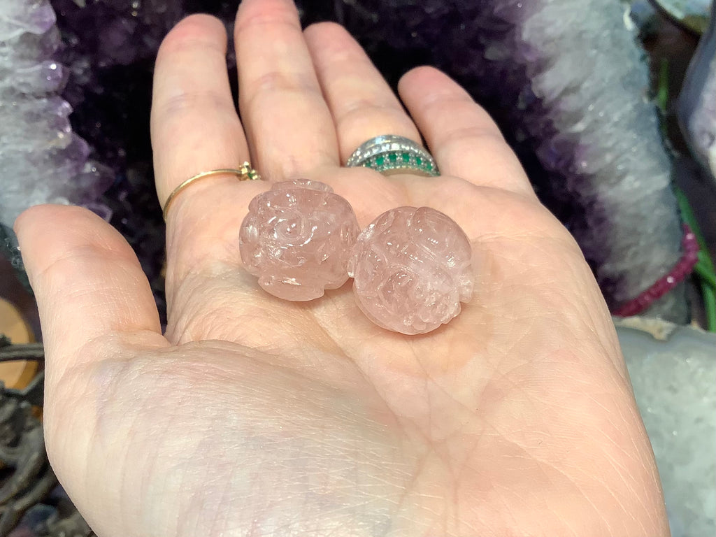 2 Morganite Carved 19mm dragonball gemstone beads