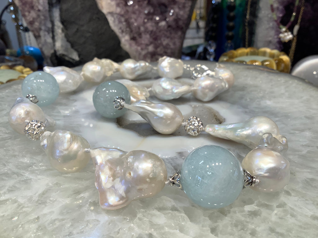 Large white Baroque pearl & aquamarine gemstone necklace