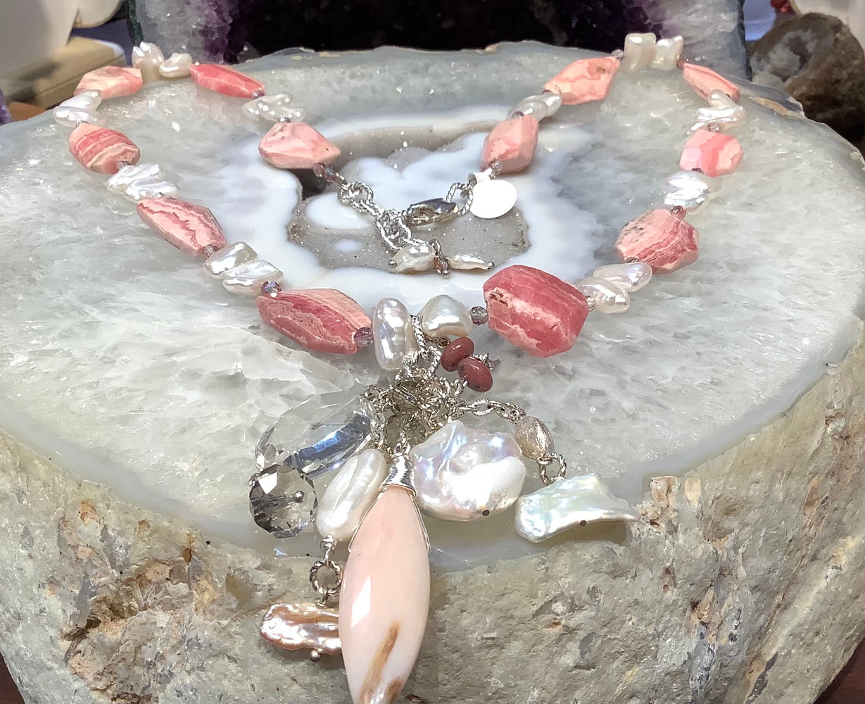 Statement Drop rhodochrosite & pearl gemstone necklace