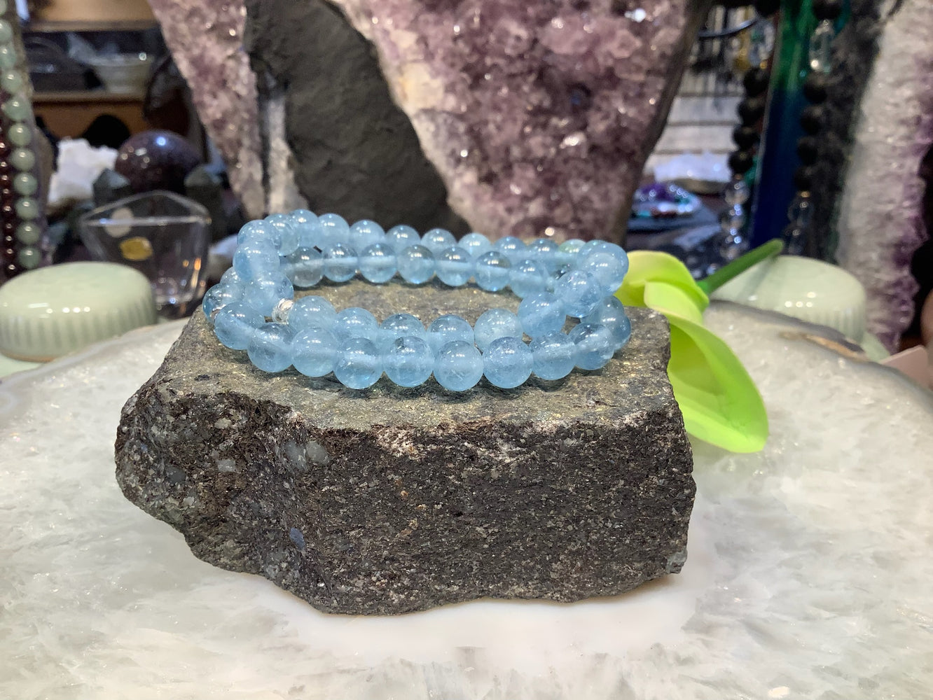 Natural Gem Blue Aquamarine Round Gemstone Bracelet - 8mm
