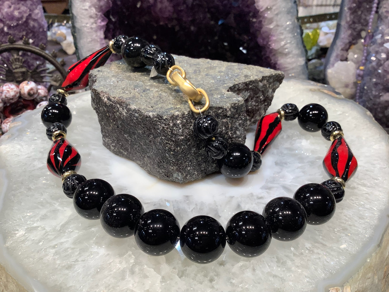 Black Onyx and Red Black Venetian Gemstone Necklace