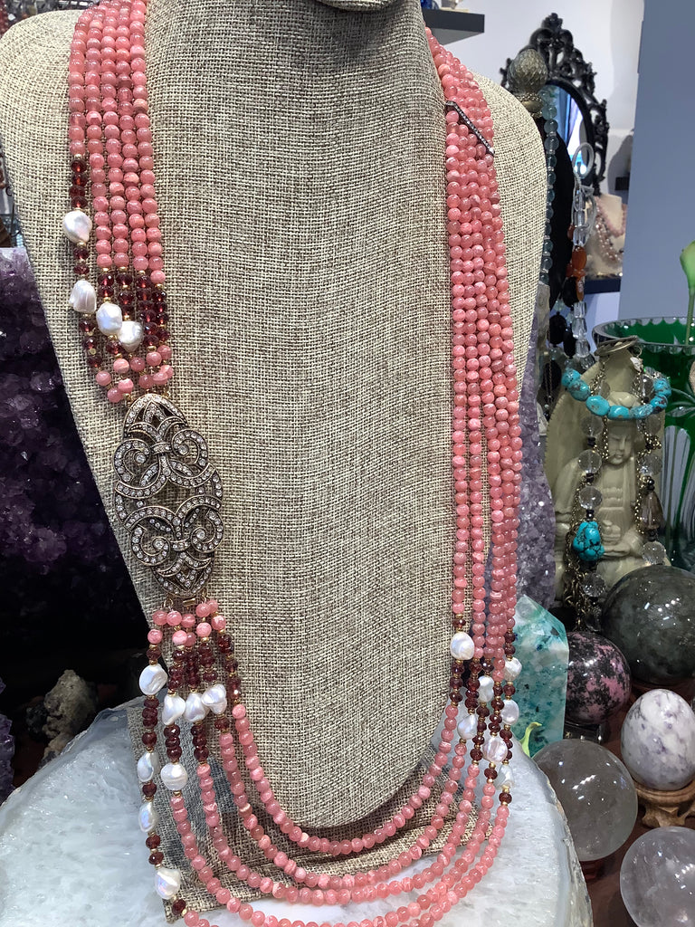 Stunning Rhodochrosite garnet & pearl multi strand gemstone necklace