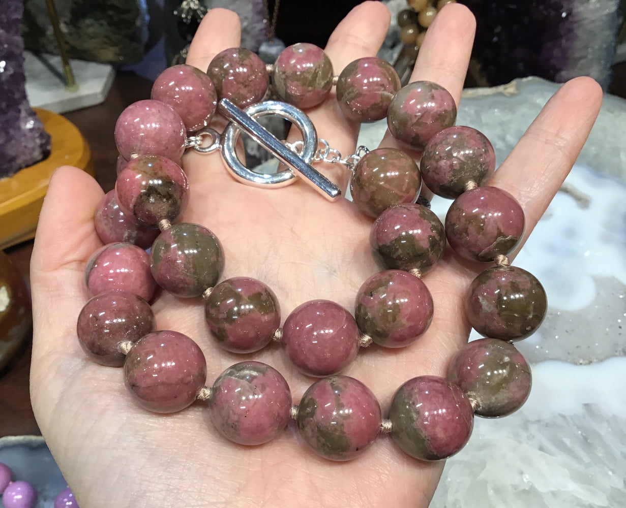16mm Rhodonite gemstone round necklace  wow!!