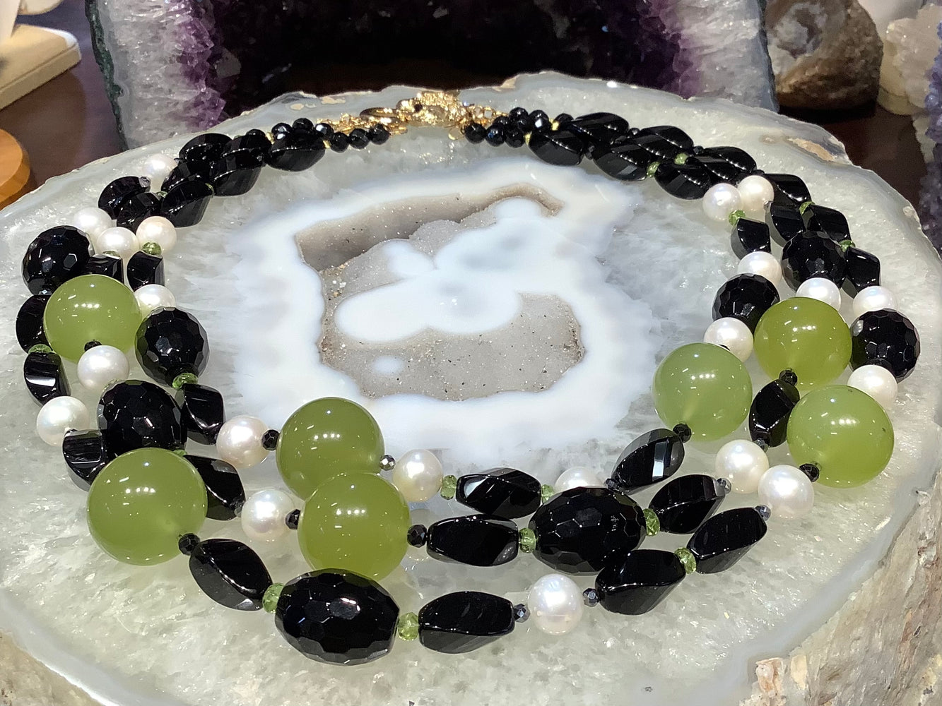 3 strand Black Agate Pearl & Serpentine Gemstone Necklace