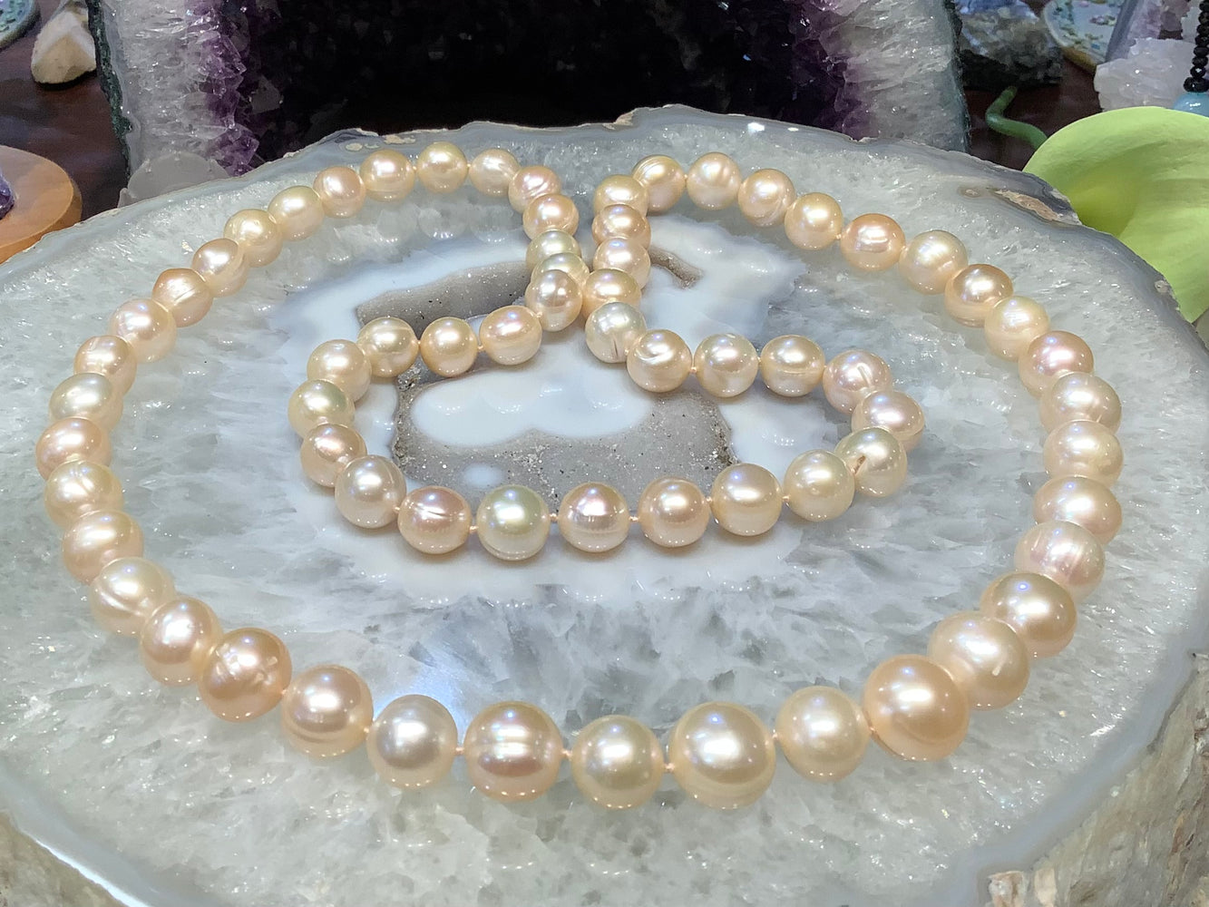 Large golden peach freshwater pearl necklace