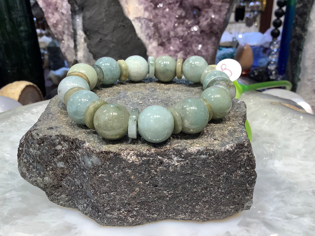 Natural green jadeite jade 14mm gemstone bracelet B