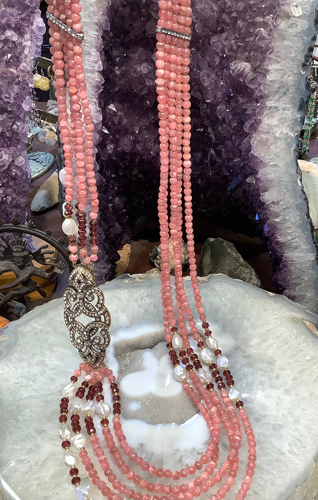 Stunning Rhodochrosite garnet & pearl multi strand gemstone necklace