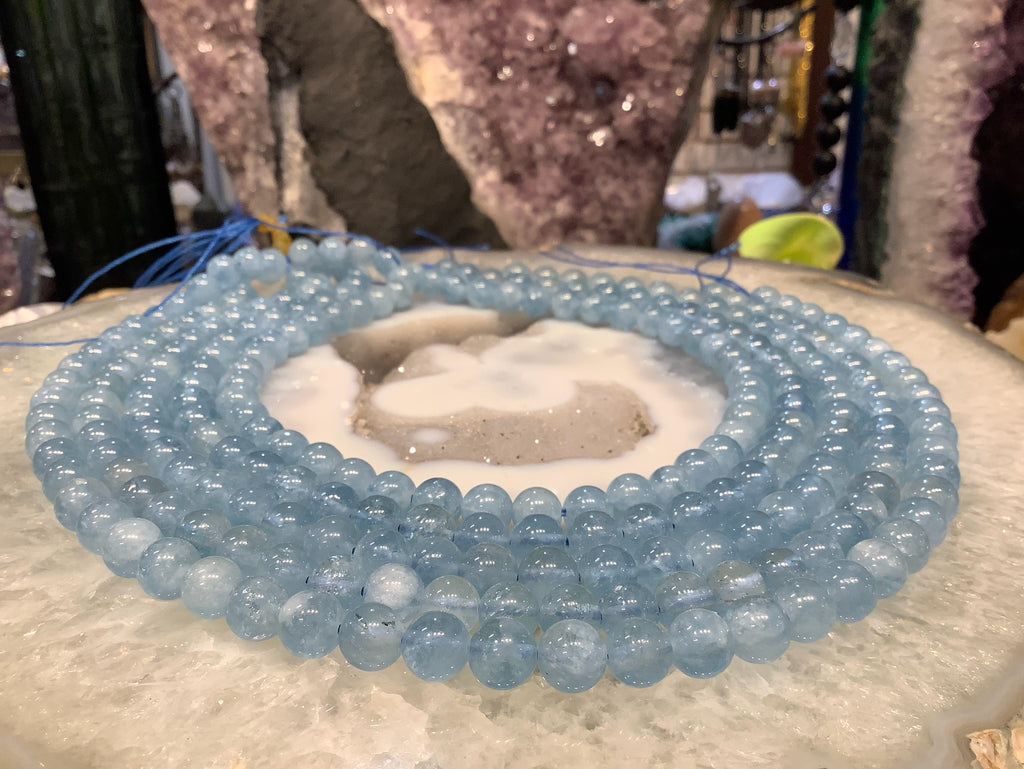 Natural Blue Aquamarine Round Gemstone Beads - 8mm