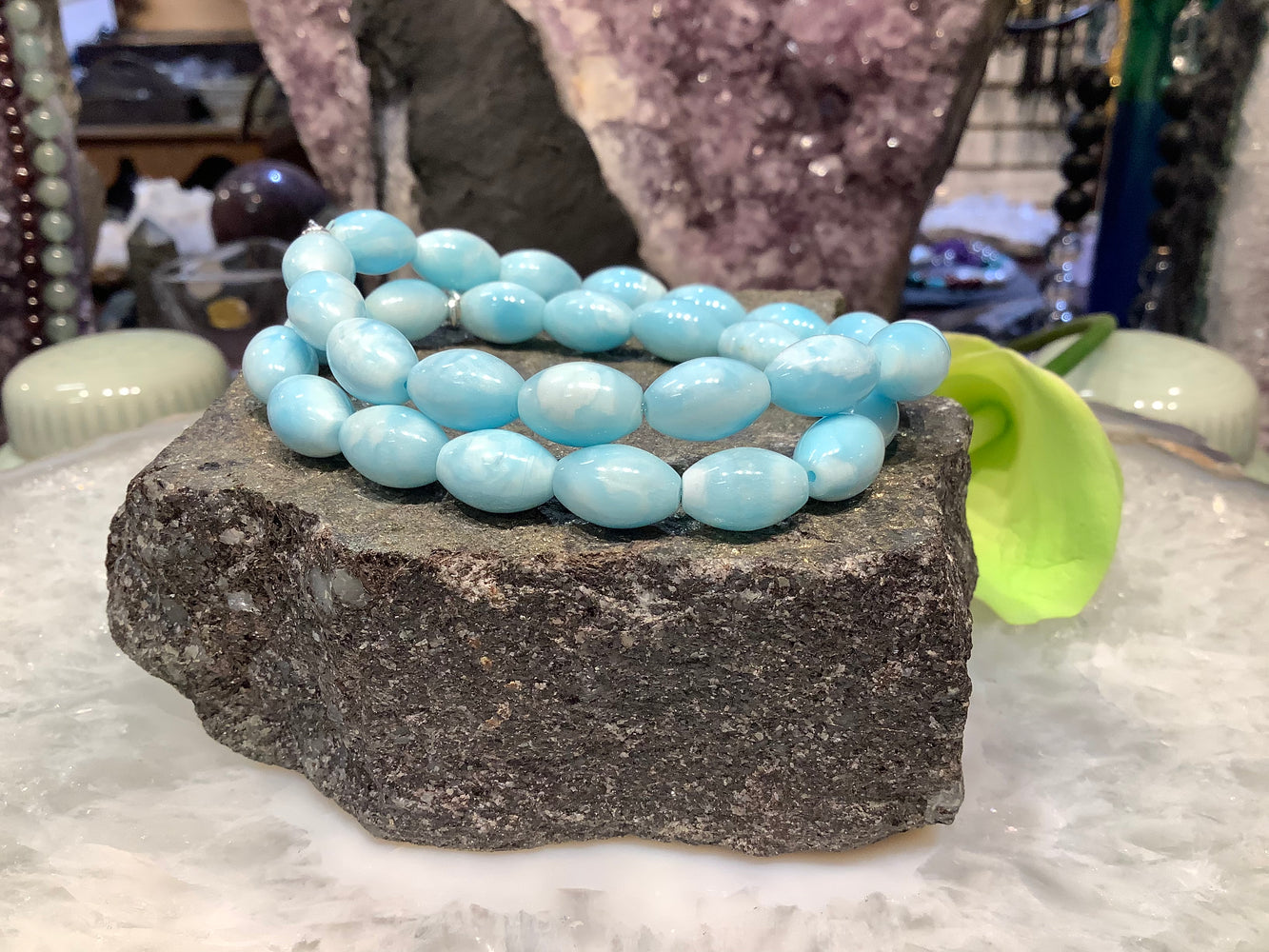Beautiful Blue aragonite barrel gemstone bracelet