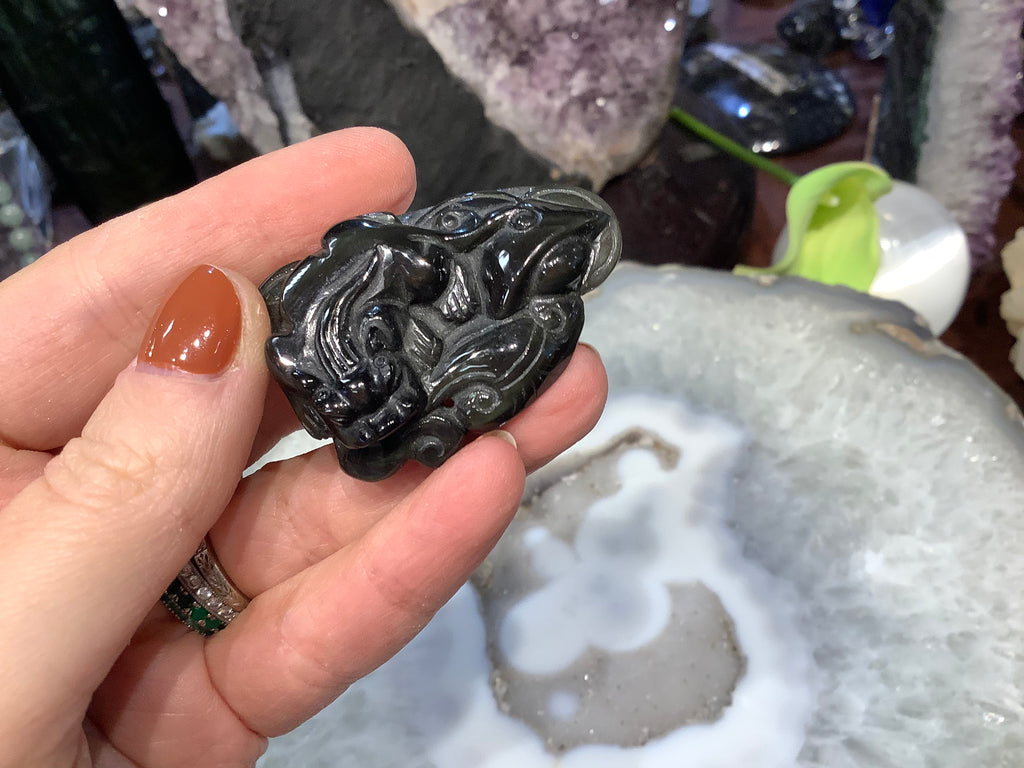 Rainbow obsidian carved dragon heart gemstone pendant