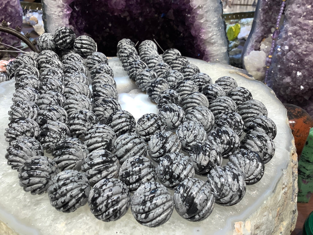 20mm Snowflake Obsidian Carved Melon Gemstone Beads
