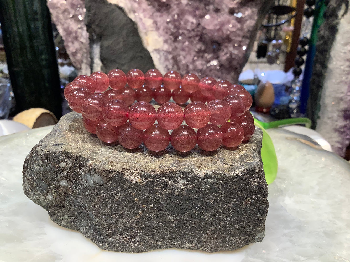 Deep pink strawberry Quartz 10mm gemstone bracelet