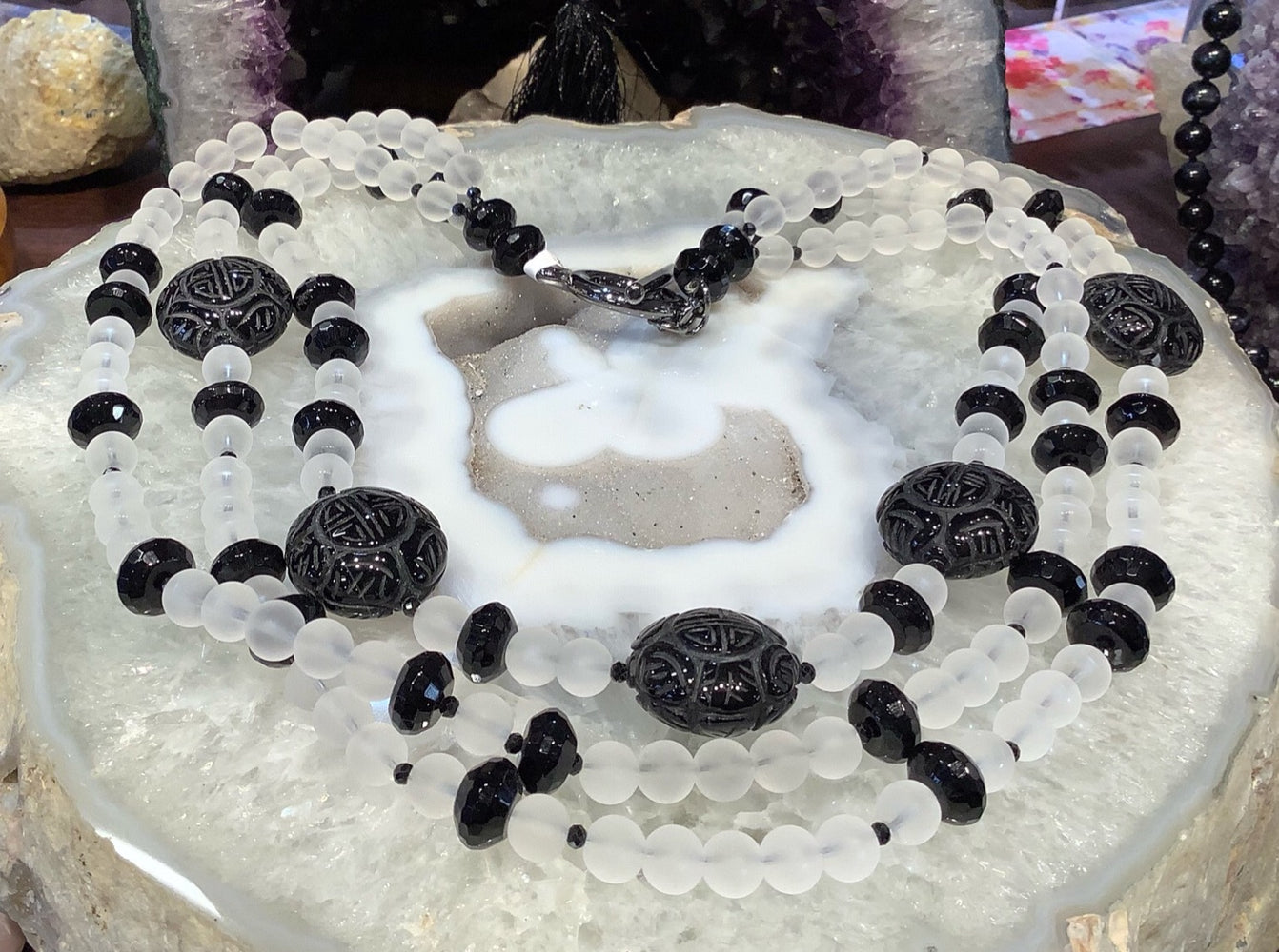 3 Row Matte Rock Crystal & Black Onyx Gemstone Necklace
