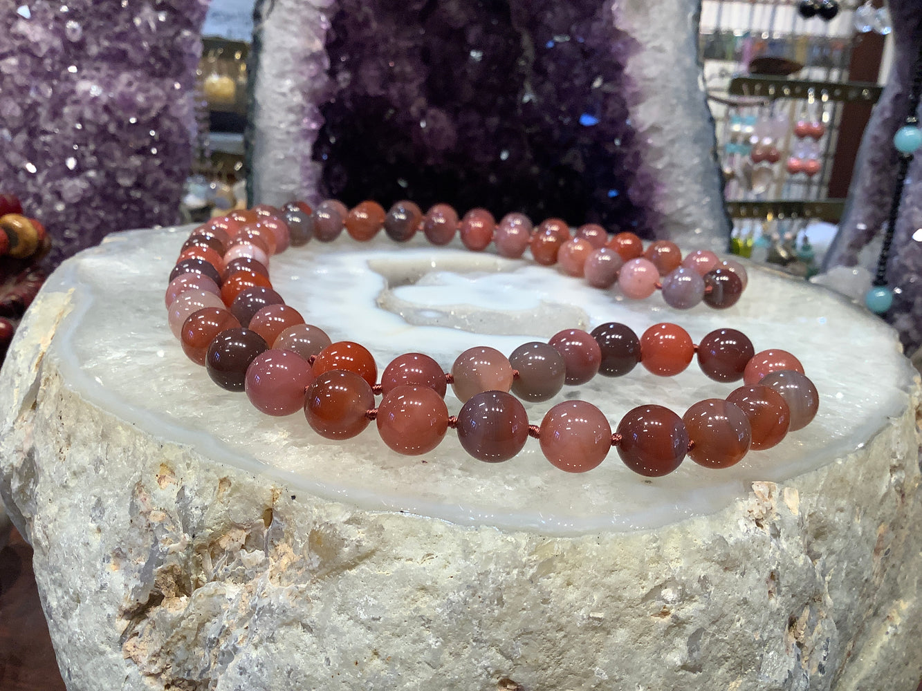 Natural Red  Chalcedony Round Gemstone Necklace -12mm
